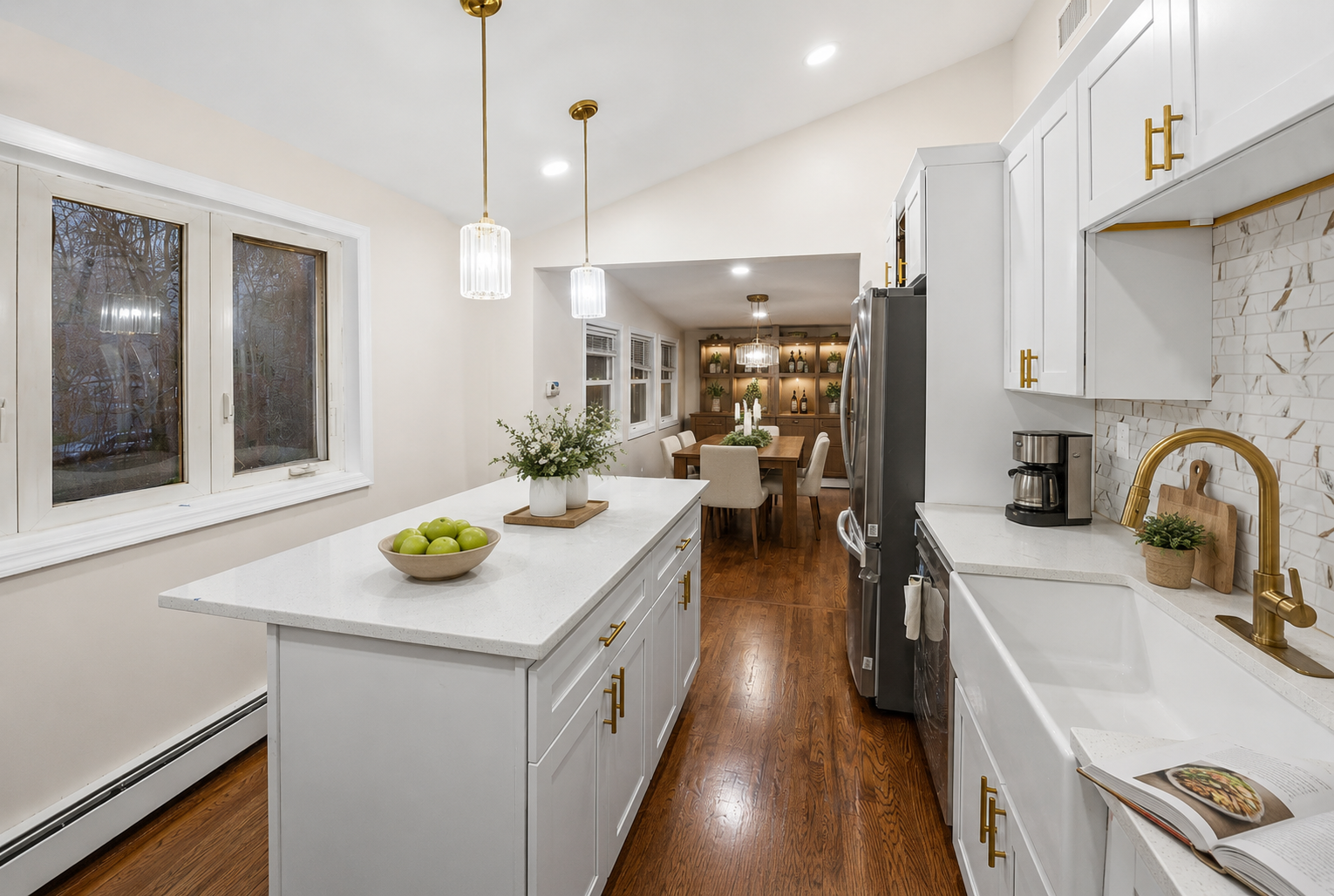 Warm, virtually staged living and dining space